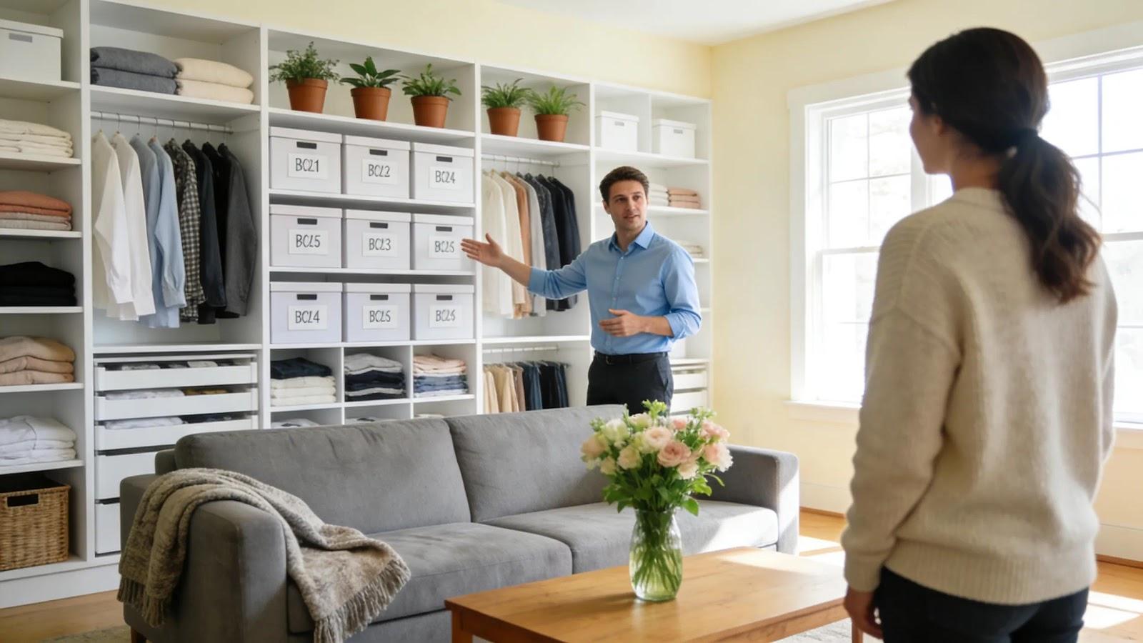 Kara and Maciej walking a Las Vegas client through a newly organized closet system.